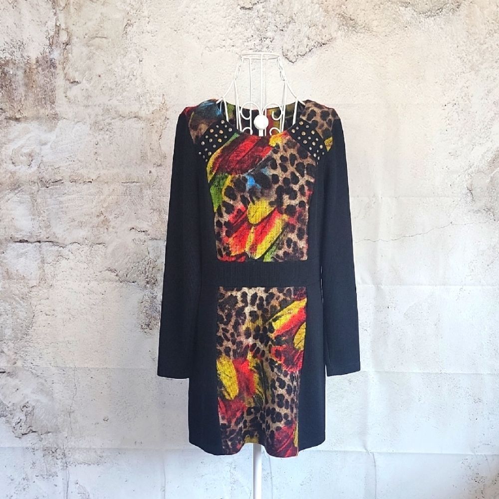 Radzoli Black Sweater Dress with Animal Print and Studded Accents Womens Size M